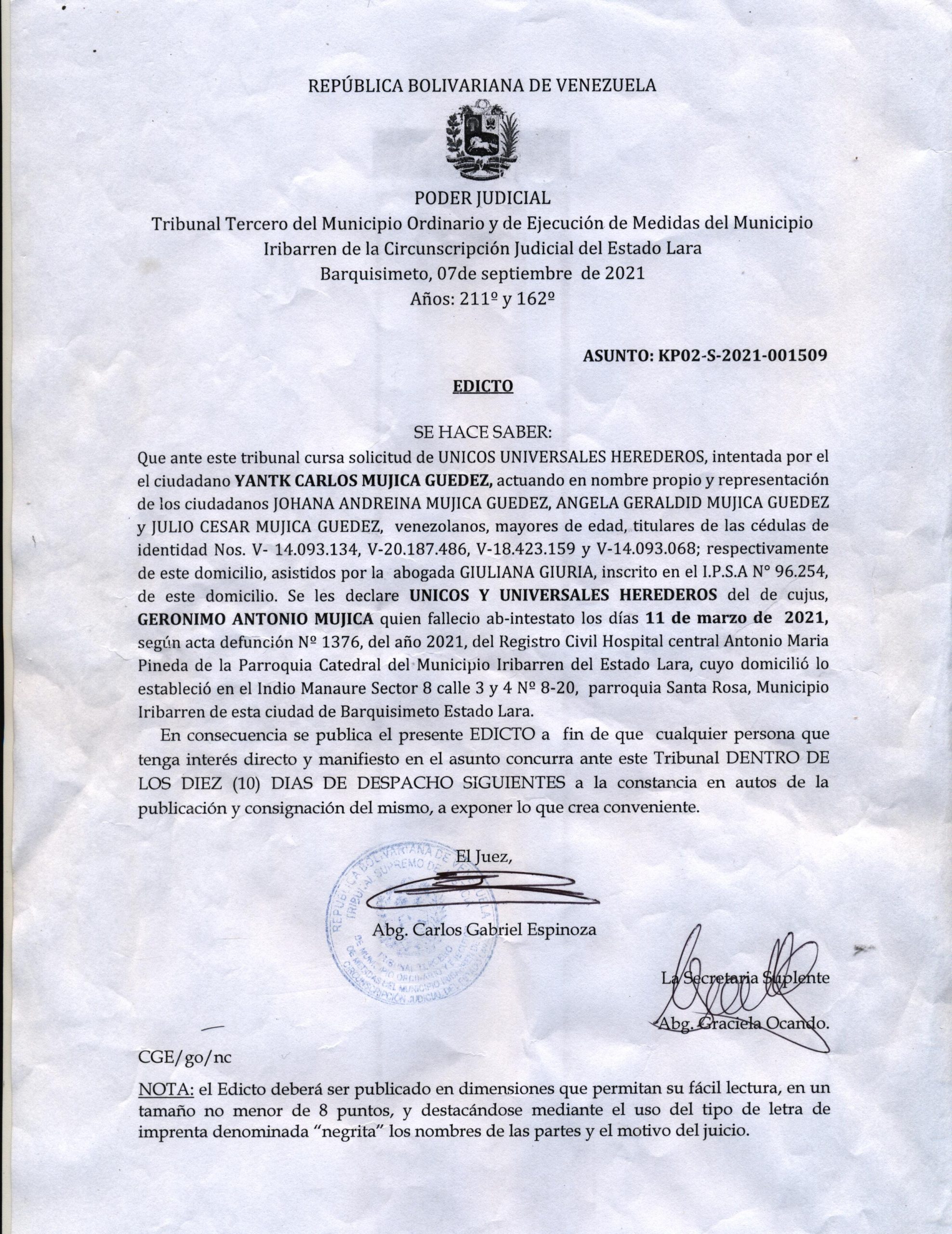 Exposici N P Blica De Edicto Por Solicitud De Declaraci N De Nicos Y